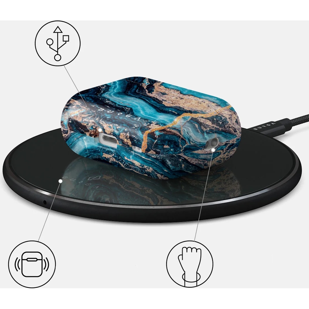 Ekskluzywne etui Burga Mystic River do AirPods Pro 2, marmurowe niebiesko-złote